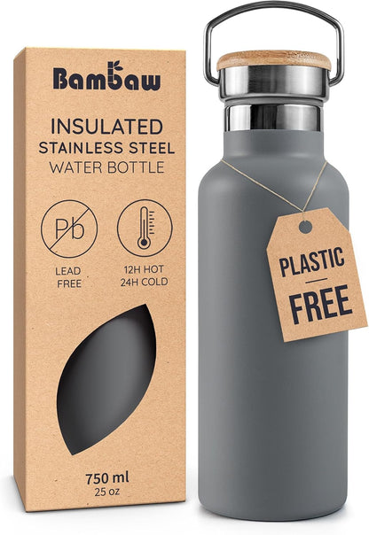 Bambaw 24 oz Stainless Steel Water Bottle, Insulated Metal Water Bottle Wide Mouth, Great for Hiking & Travel, With Handle Easy to Carry, Rust-Resistant & Durable (Aegean Blue)