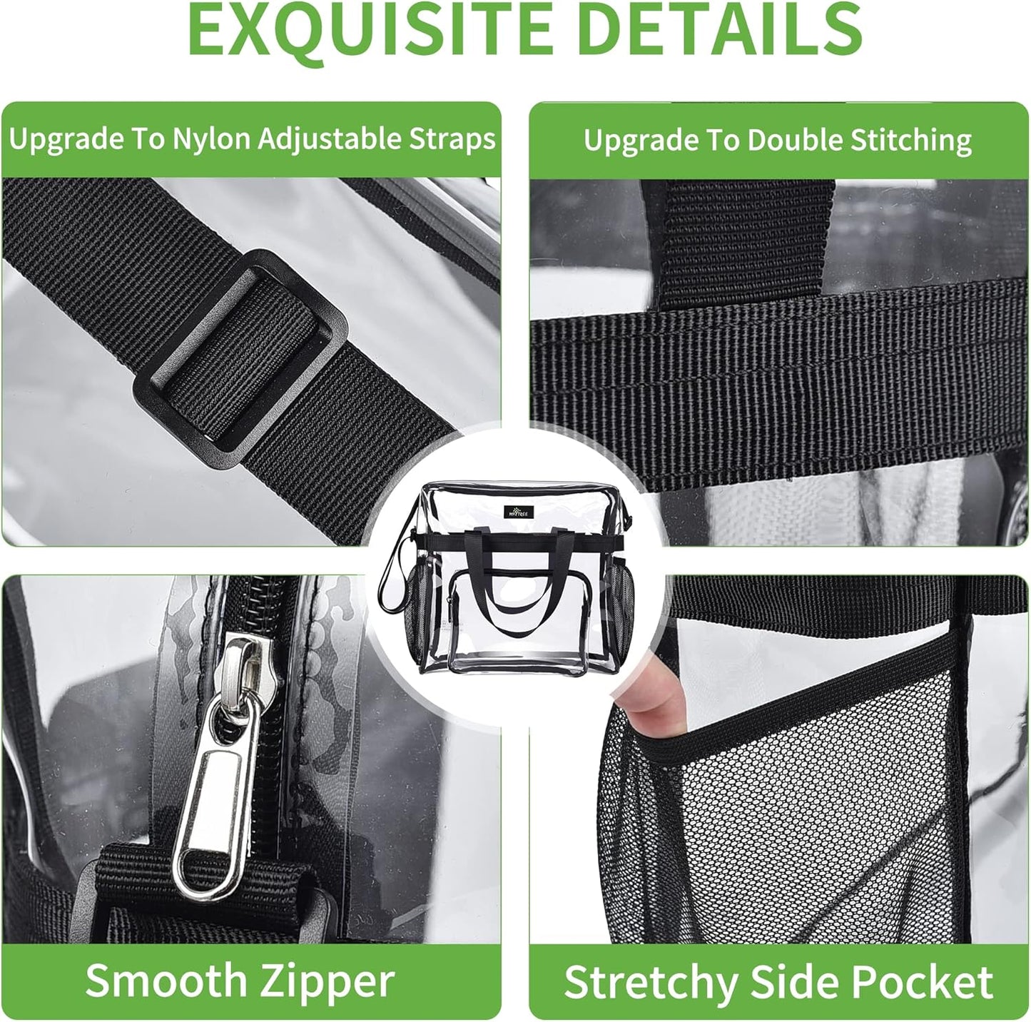 MAY TREE Clear Bag for Stadium Events, 12×5.5×12 Clear Tote Lunch Bag with Non-detachable Reinforced Straps for Work, Sporting Events and Gym, Black