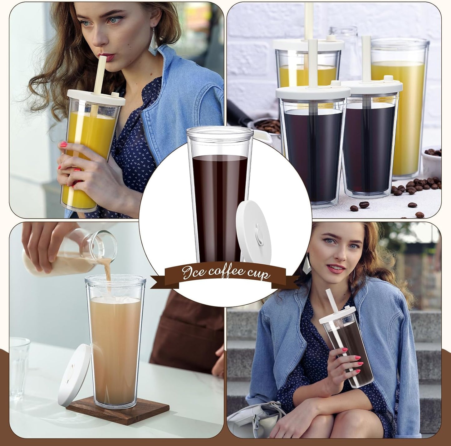 Honeydak 4 Pack 24 oz Reusable Iced Coffee Cups with Lids and Straws Leakproof Double Wall Insulated Clear Plastic Iced Coffee Tumblers with Straw Brushes