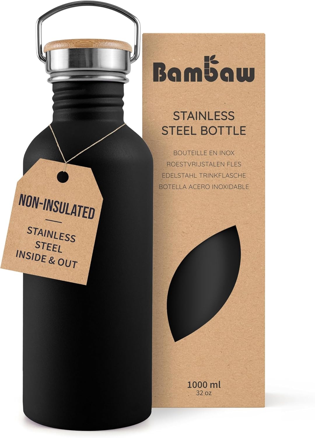 Bambaw Stainless Steel Water Bottles 32 oz, Non-insulated Single Wall Metal Water Bottle Stainless Steel, Reusable & Eco Friendly, Dishwasher Safe – Silver | Non-insulated