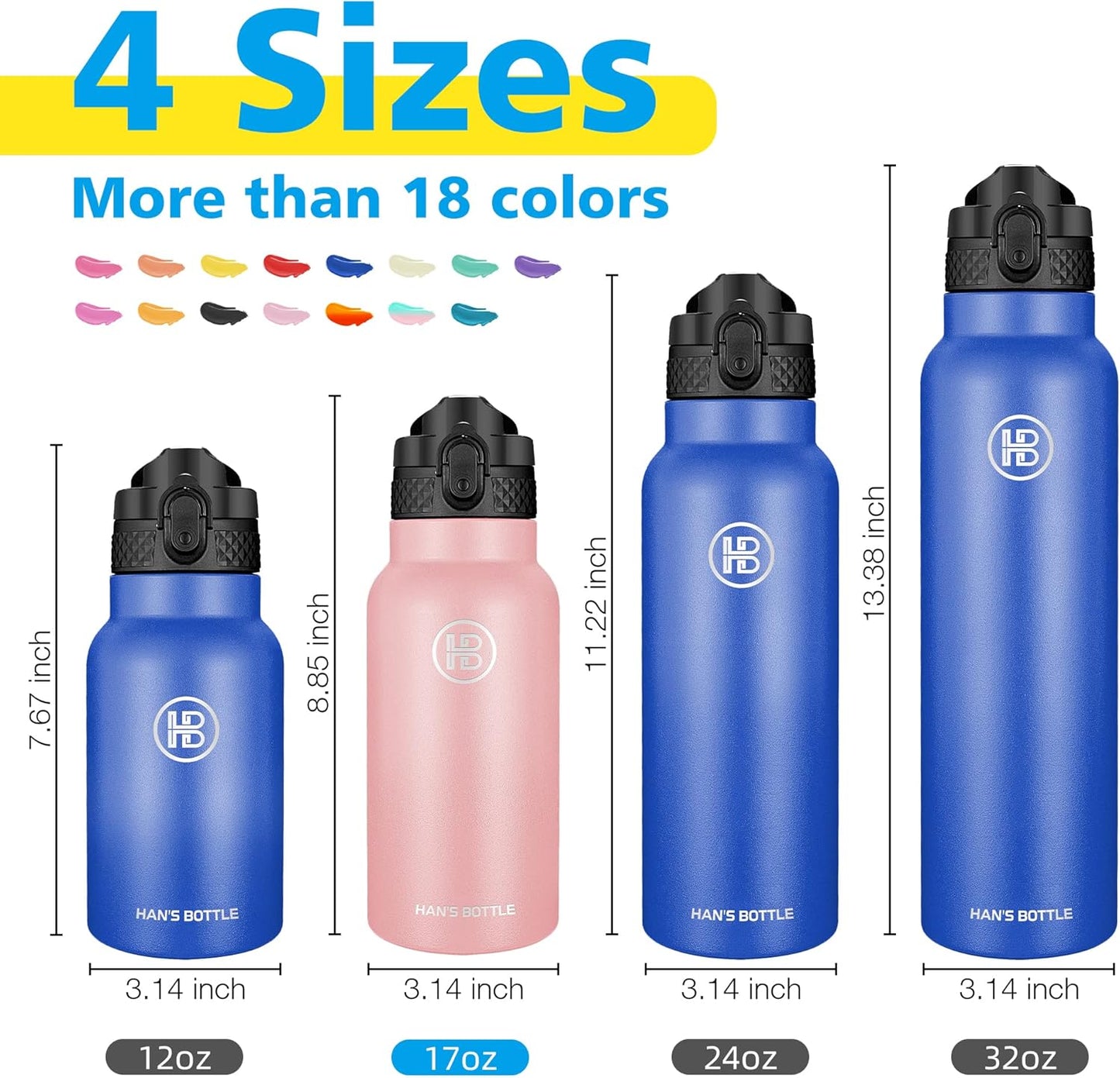 Han's Bottle Sports Water Bottle - 24 Oz, Straw Lid, Leak Proof, Vacuum Insulated Stainless Steel, Double Walled, Thermo Mug,Black
