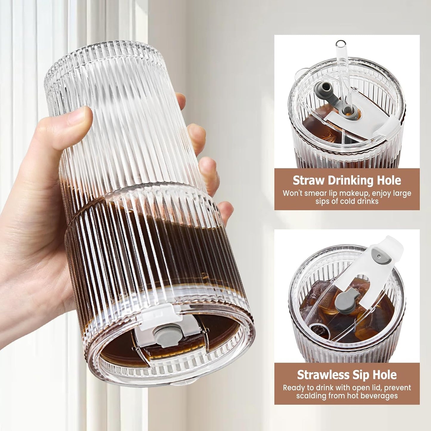 TUZAZO 20 Oz Ribbed Glass Tumblers with Lids and Straws - 4 Pack Reusable Glass Coffee Cups with Straws and Lids, Thicken Glass, Ideal for To Go Iced Coffee