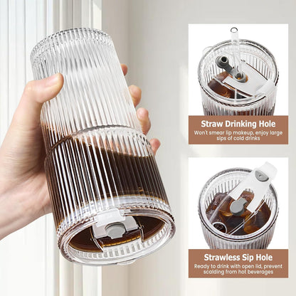 TUZAZO 20 Oz Ribbed Glass Tumblers with Lids and Straws - 4 Pack Reusable Glass Coffee Cups with Straws and Lids, Thicken Glass, Ideal for To Go Iced Coffee