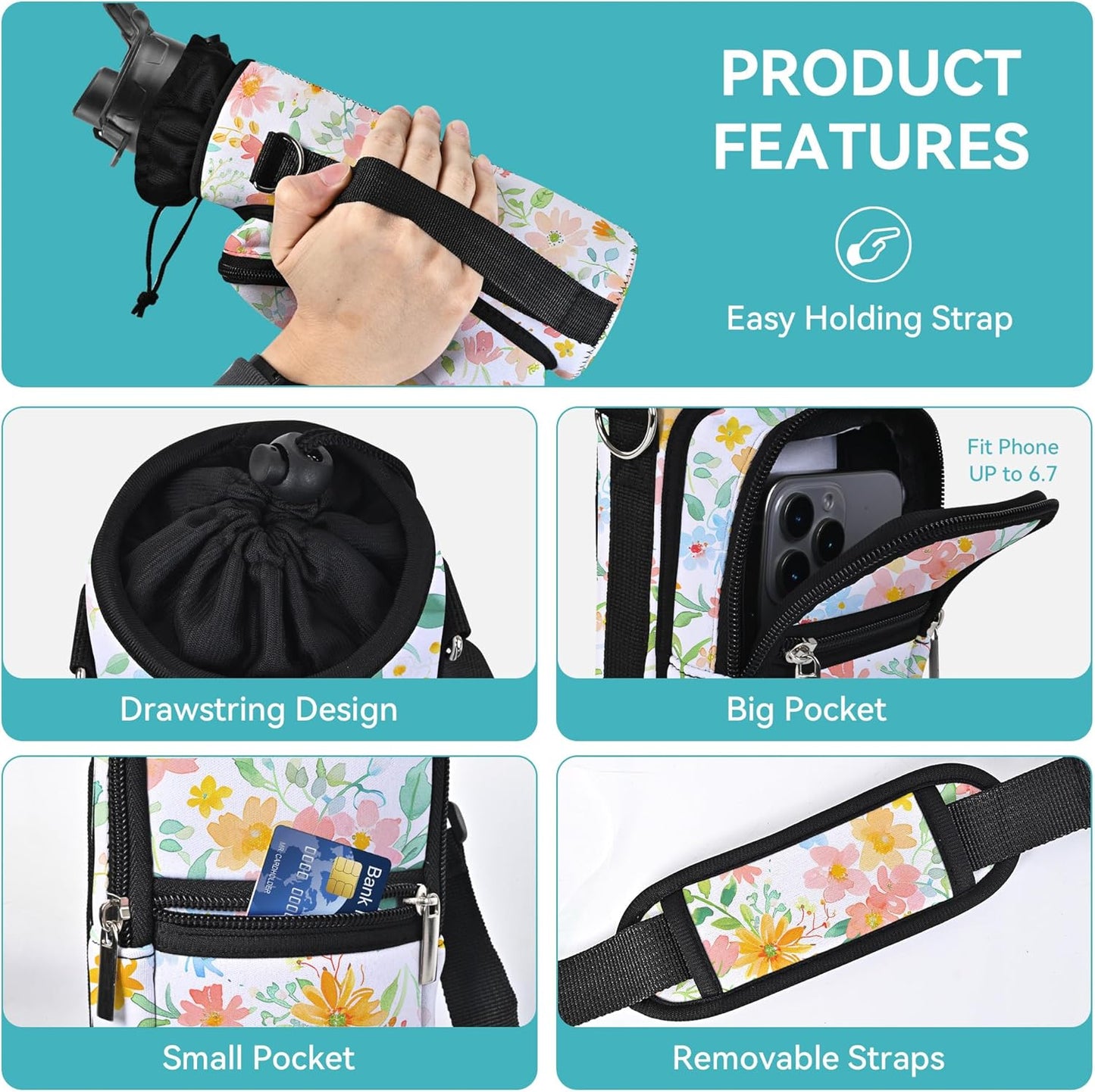 AUPET Water Bottle Sling Bag Sleeve Holder Carrier 25/32/40/64 oz,Insulated Crossbody Water Bottle Case Cover with Strap and Pockets for Men/Women Walking Hiking