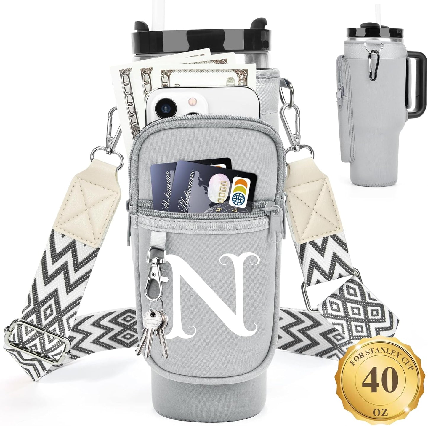LOKASS Personalized Water Bottle Holder with Strap for Stanley Cup Accessories 40 oz, Initial for Stanley Cup Holder Carrier Bag with Phone Pocket, Stylish Tumbler Accessories for Daily Use Hands-Free