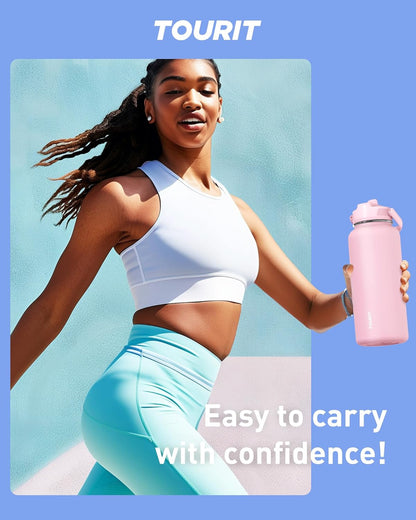 TOURIT 24 oz Insulated Water Bottle, Stainless Steel Water Bottles With Straw, Double Wall Vacuum Metal Thermos for Cold and Hot Drinks, Leak Proof BPA Free Water Flask for Sports and Travel, Hot Pink