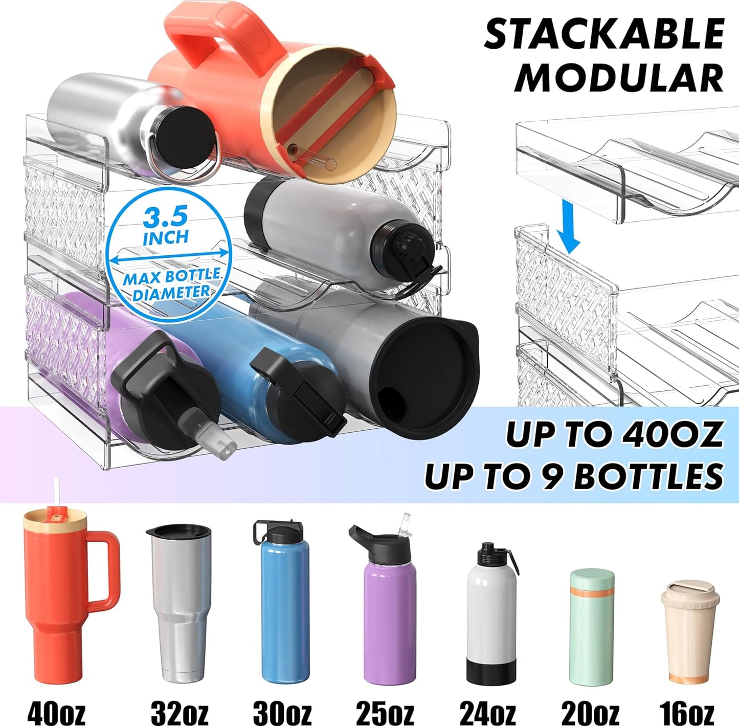 Simple Houseware 3-Tier Stackable Water Bottle Storage Organizer, Clear - Space Saving Bottle Holder for Kitchen, Pantry, and Refrigerator - Fits Stanley 40 oz Tumbler