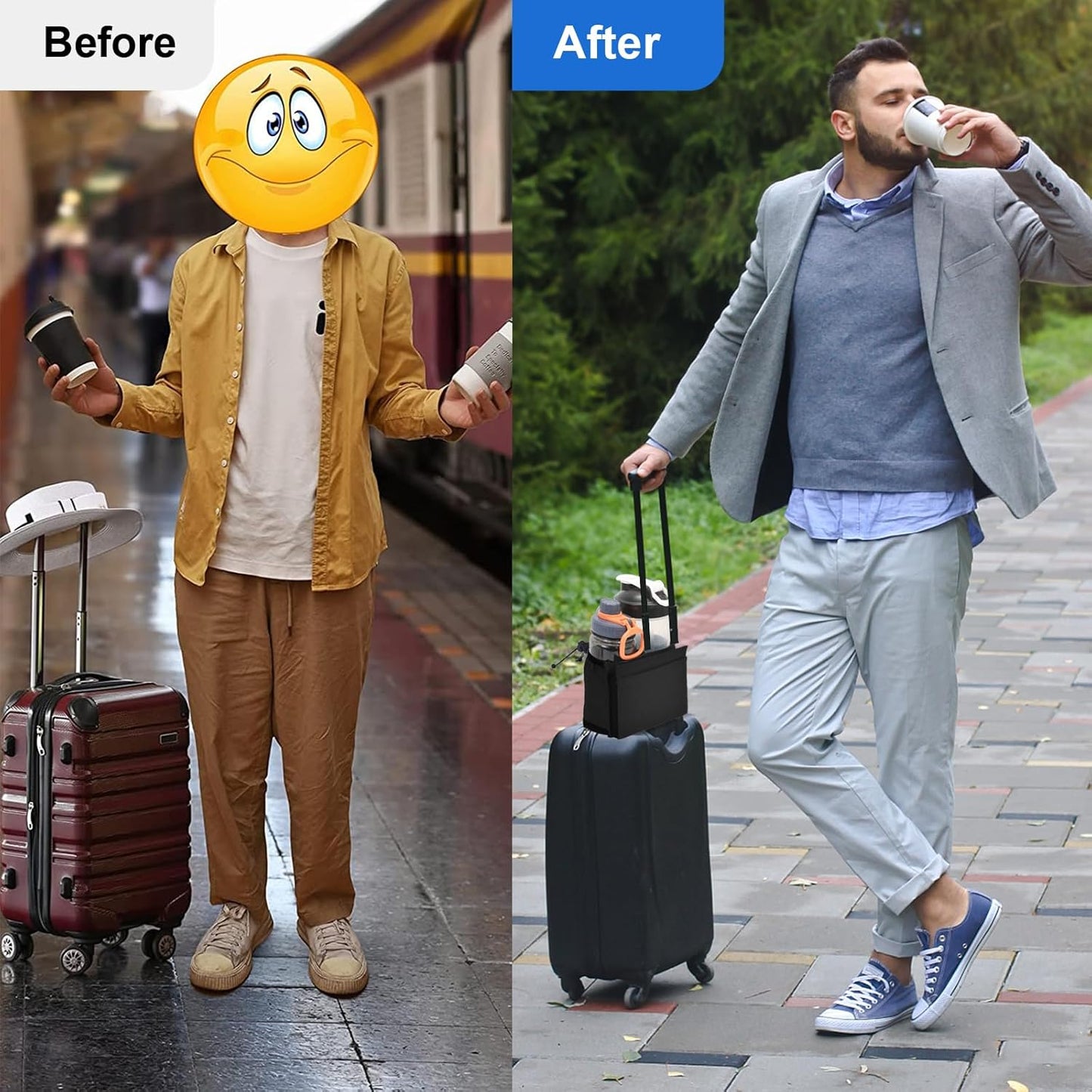Luggage Cup Holder for Suitcases Free Hands, Travel Accessories, Luggage Cup Caddy Gifts, Beverage Holder, Universal Luggage Accessories for Flight Attendants, Business Travelers, Grey