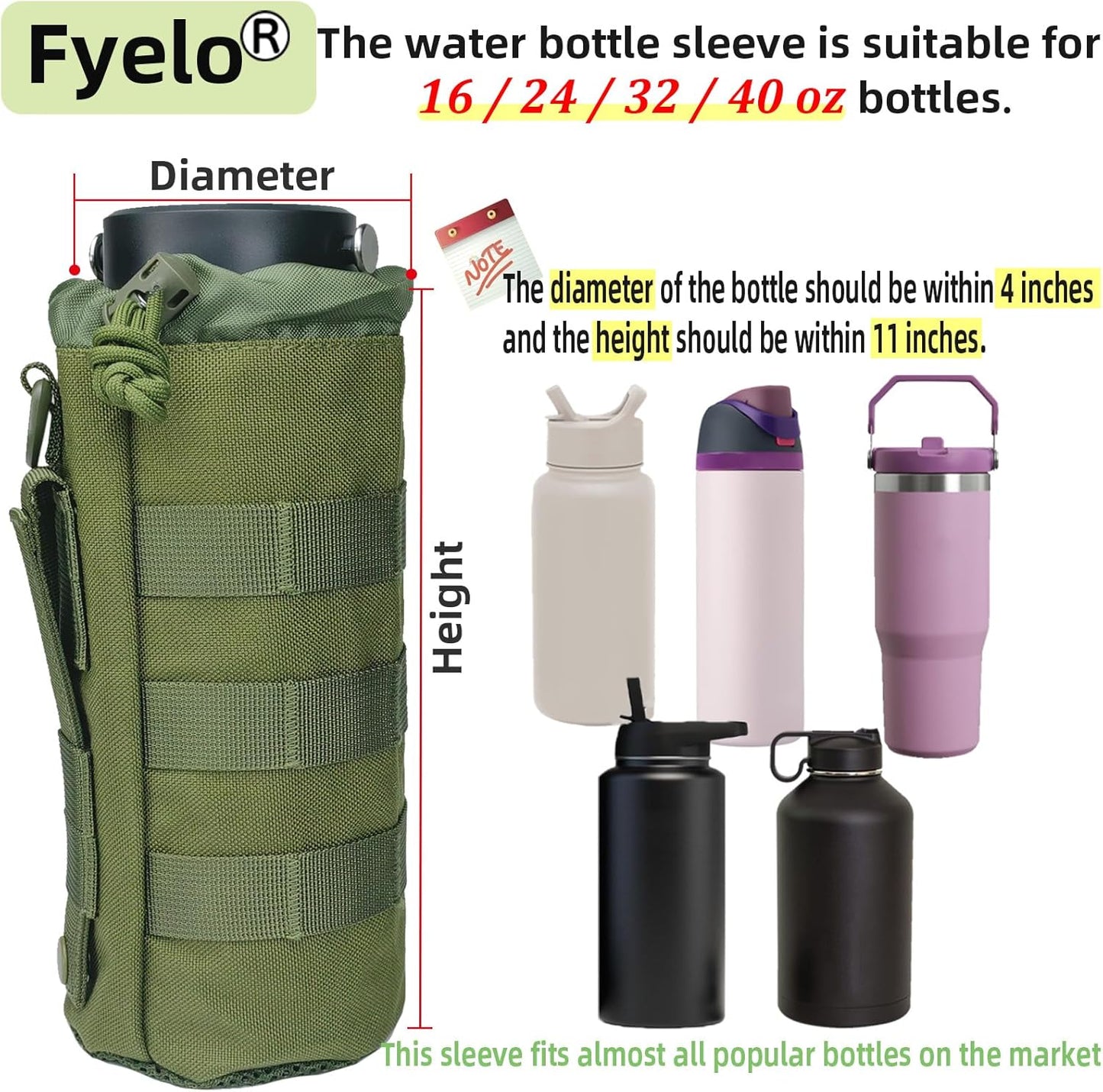 Tactical MOLLE Bottle Pouch Bag, Travel/Sprots Molle Water Bottle Holder with Drawstring Open Top and Mesh Bottom
