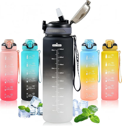 Water Bottle with Straw 1L,Boys Water Bottles with Straw 1 Litre,Waterbottle Leak-Proof Sports Water Bottle,Plastic Drinks Bottles Toxin Free，Bpa-Free (Cyan Black)