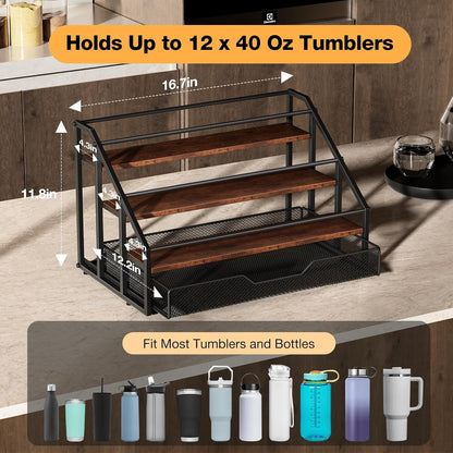 MOJOHAND Water Bottle Organizer for Stanley, 4-Tier 12 Bottles Rack with Storage Basket for Cup Accessories, Large Tumbler Holder Stand, Water Bottle Holder Wine Rack