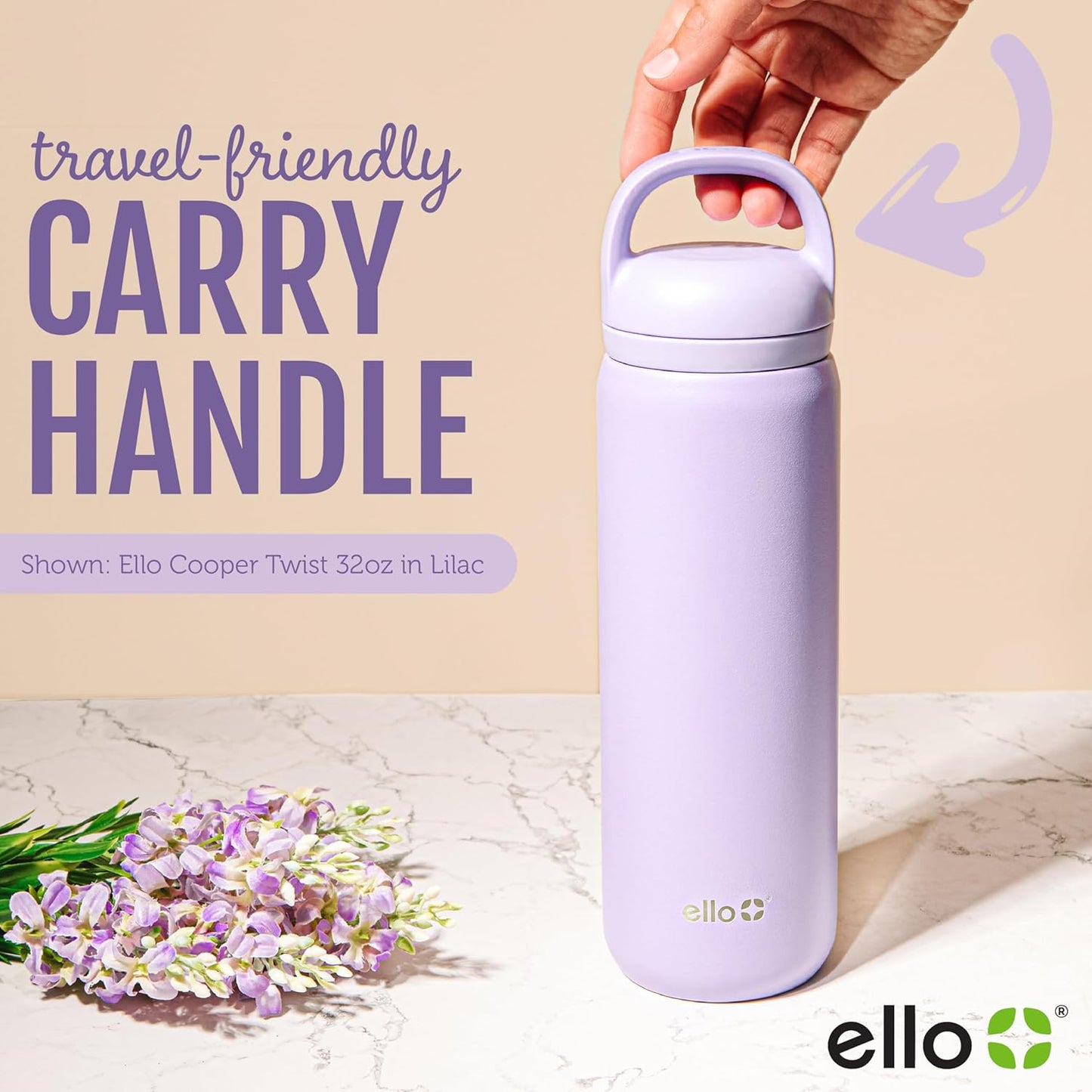 Ello Cooper 22oz Stainless Steel Water Bottle with Straw and Carry Handle, Double Walled and Vacuum Insulated Metal, Leak Proof Locking Lid with Soft Silicone Spout, Reusable, BPA Free, Lilac