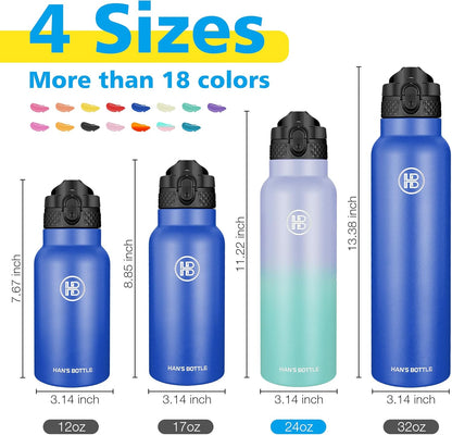 Han's Bottle Sports Water Bottle - 24 Oz, Straw Lid, Leak Proof, Vacuum Insulated Stainless Steel, Double Walled, Thermo Mug,Black