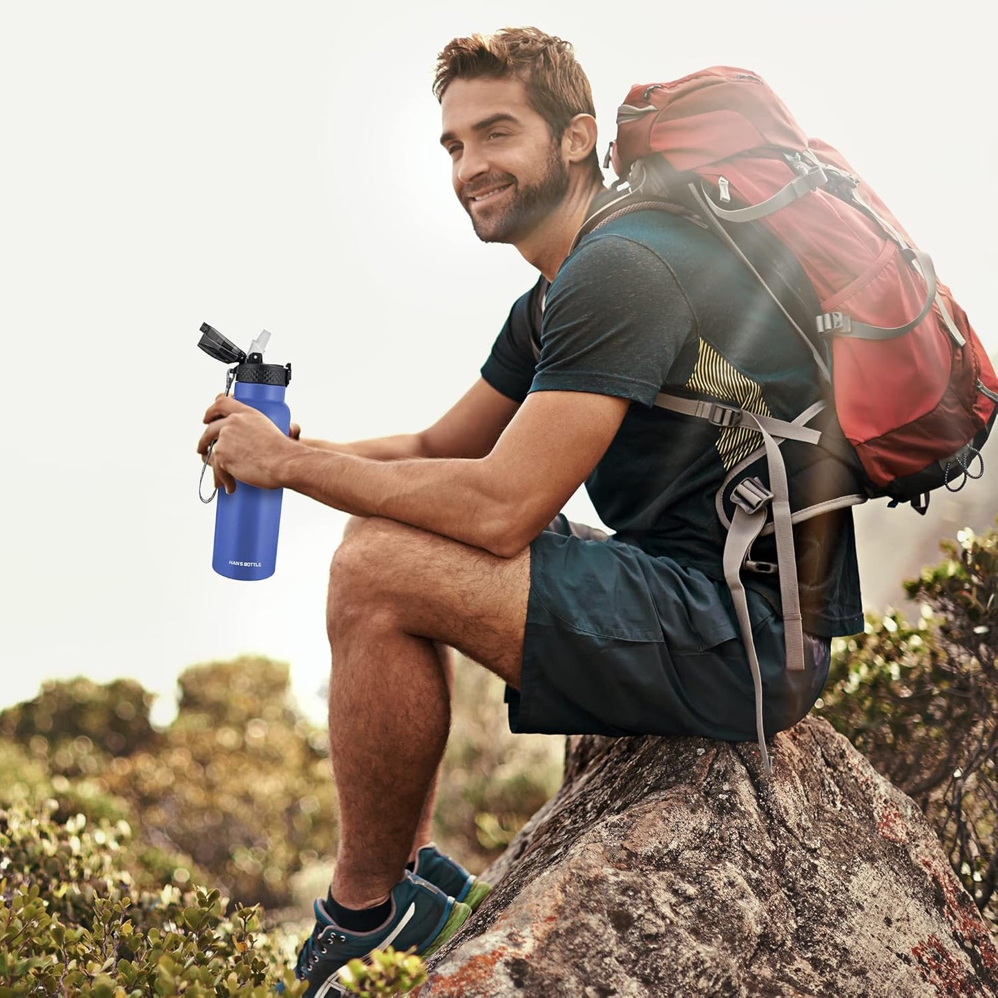 Han's Bottle Sports Water Bottle - 24 Oz, Straw Lid, Leak Proof, Vacuum Insulated Stainless Steel, Double Walled, Thermo Mug,Black