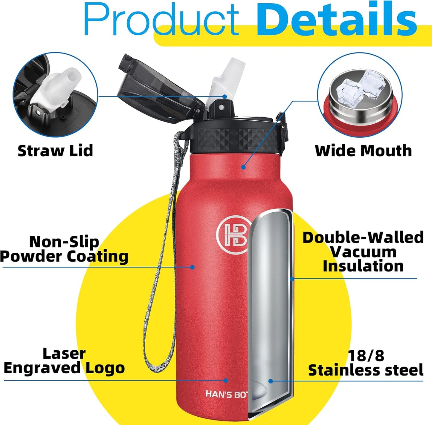 Han's Bottle Sports Water Bottle - 24 Oz, Straw Lid, Leak Proof, Vacuum Insulated Stainless Steel, Double Walled, Thermo Mug,Black