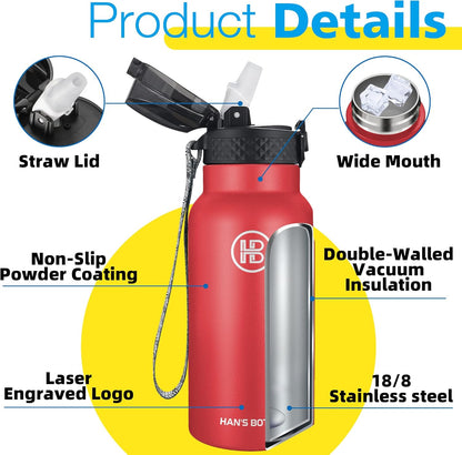 Han's Bottle Sports Water Bottle - 24 Oz, Straw Lid, Leak Proof, Vacuum Insulated Stainless Steel, Double Walled, Thermo Mug,Black