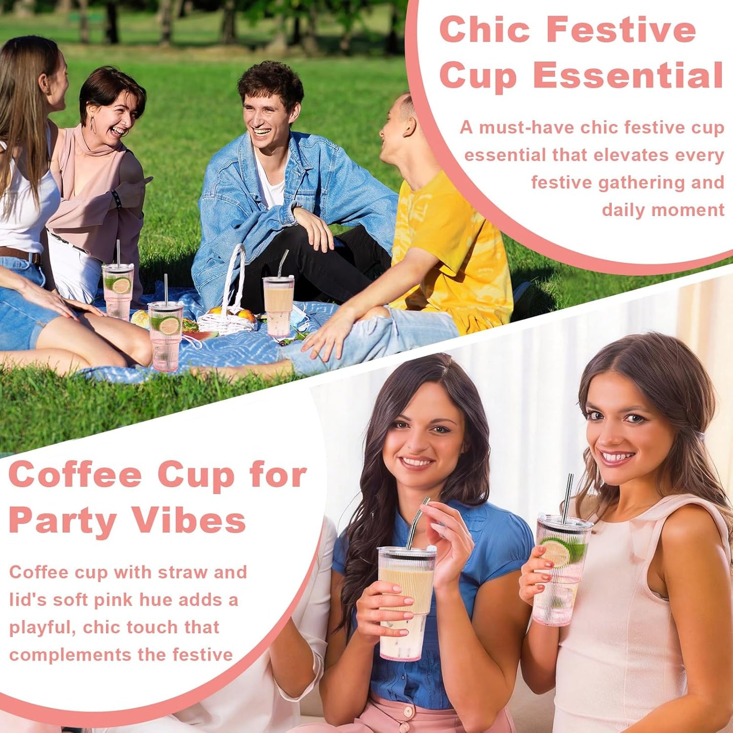 4 Pcs 20oz Plastic Ribbed Tumblers with Lid and Straws Blue Plastic Reusable Iced Coffee Cups with Lid Unbreakable Vintage Ribbed Drinking Glasses Tumbler for Juice Smoothie Beverage with Clean Brush