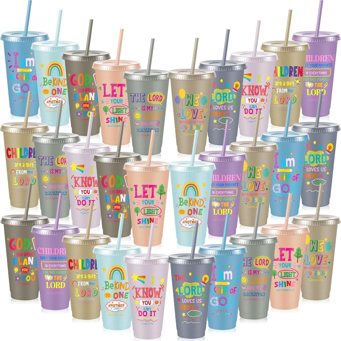 Uiifan 10 Pcs Christian Tumblers with Straws for Kids, Bible Verse Cups for VBS, Sunday School, Church Party Favors and Faith Gifts, Reusable Plastic Tumblers with Lids, 24 oz, White