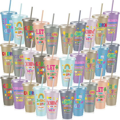 Uiifan 10 Pcs Christian Tumblers with Straws for Kids, Bible Verse Cups for VBS, Sunday School, Church Party Favors and Faith Gifts, Reusable Plastic Tumblers with Lids, 24 oz, White