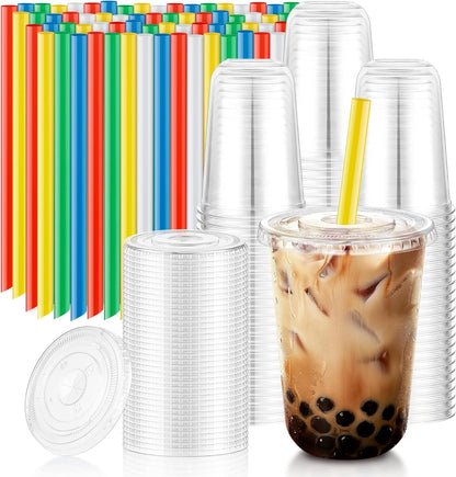 KesaPlan 50 Pack 16oz Clear Plastic Cups with Lids & Colorful Wide Straws, Disposable Smoothie Cup, Round Bottom To Go Drinking Cup for Bubble Tea, Iced Coffee, Milkshakes, Party Picnic Supply
