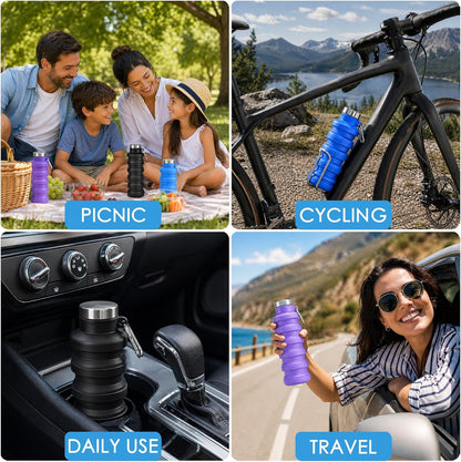 4 Pack Collapsible Water Bottles, 16oz Portable Reusable Silicone Water Bottle, Foldable Water Bottles for Travel Gym Camping Hiking, Leak Proof Sports Water Bottle with Carabiner (Bright Color)