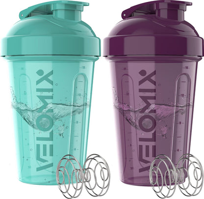 VELOMIX -2 Pack- 20 oz Protein Shaker Bottles for Protein Mixes - 2x Wire Whisk | Leak Proof Shaker Cups for Protein Shakes and Pre Workout | Protein Shaker Bottle Pack (Black/Transparent)