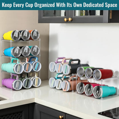 Design for Stanley 40 OZ & Large Bottles & Tumblers with Handle - Acrylic Water Bottle Organizer - Stackable Clear Wine Rack Cup Holder for Home Kitchen Pantry Shelf Countertop Cabinet, 4 Tier Hold 16