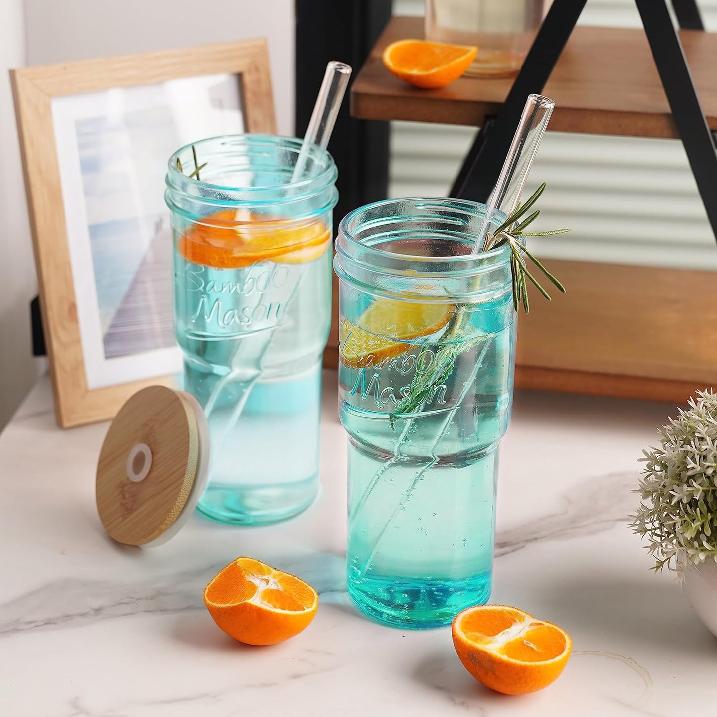 ANOTION Bamboo Mason Leakproof Mason Jar Cups with Lids and Straws, Cap Cup 24oz Glass Tumbler with Handle, Rotating Lid Silicone Straw, Reusable Iced Coffee Matcha Cup Coffee Gifts for Women 2pc