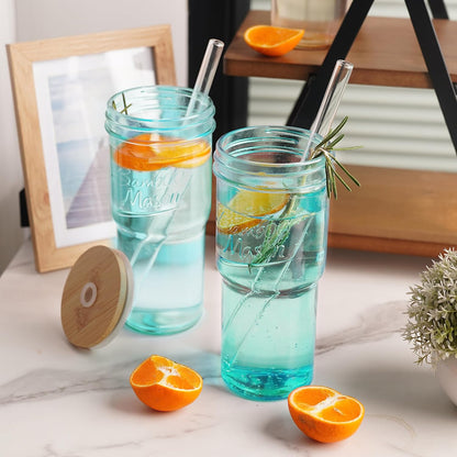 ANOTION Bamboo Mason Leakproof Mason Jar Cups with Lids and Straws, Cap Cup 24oz Glass Tumbler with Handle, Rotating Lid Silicone Straw, Reusable Iced Coffee Matcha Cup Coffee Gifts for Women 2pc