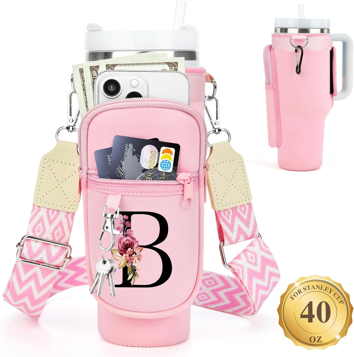 LOKASS Personalized Water Bottle Holder with Strap for Stanley Cup Accessories 40 oz, Initial for Stanley Cup Holder Carrier Bag with Phone Pocket, Stylish Tumbler Accessories for Daily Use Hands-Free