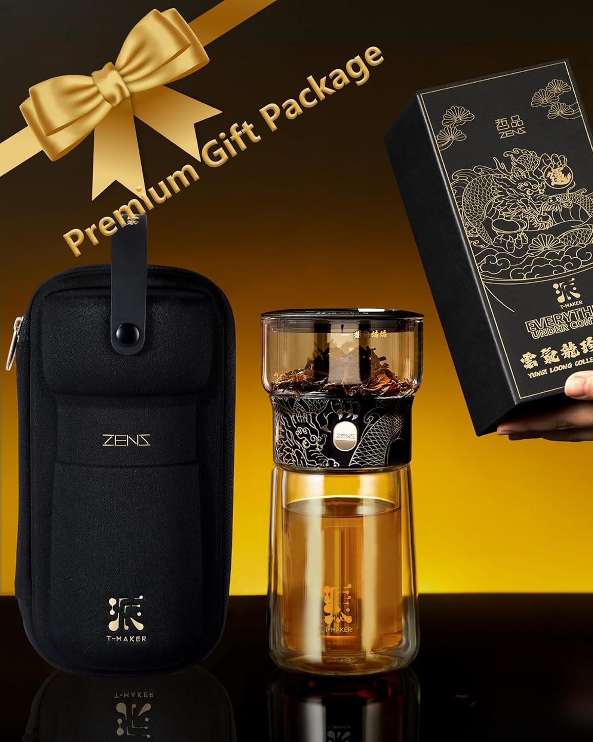 ZENS Modern Glass Infuser Teapot, One Touch Tea Maker for Loose Leaf Tea with Insulated Mug and Portable Case. Enchanted Pot Alternatives for Tea Lover Gifts