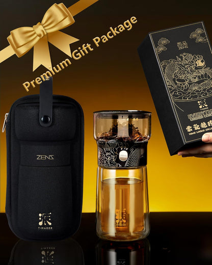 ZENS Modern Glass Infuser Teapot, One Touch Tea Maker for Loose Leaf Tea with Insulated Mug and Portable Case. Enchanted Pot Alternatives for Tea Lover Gifts