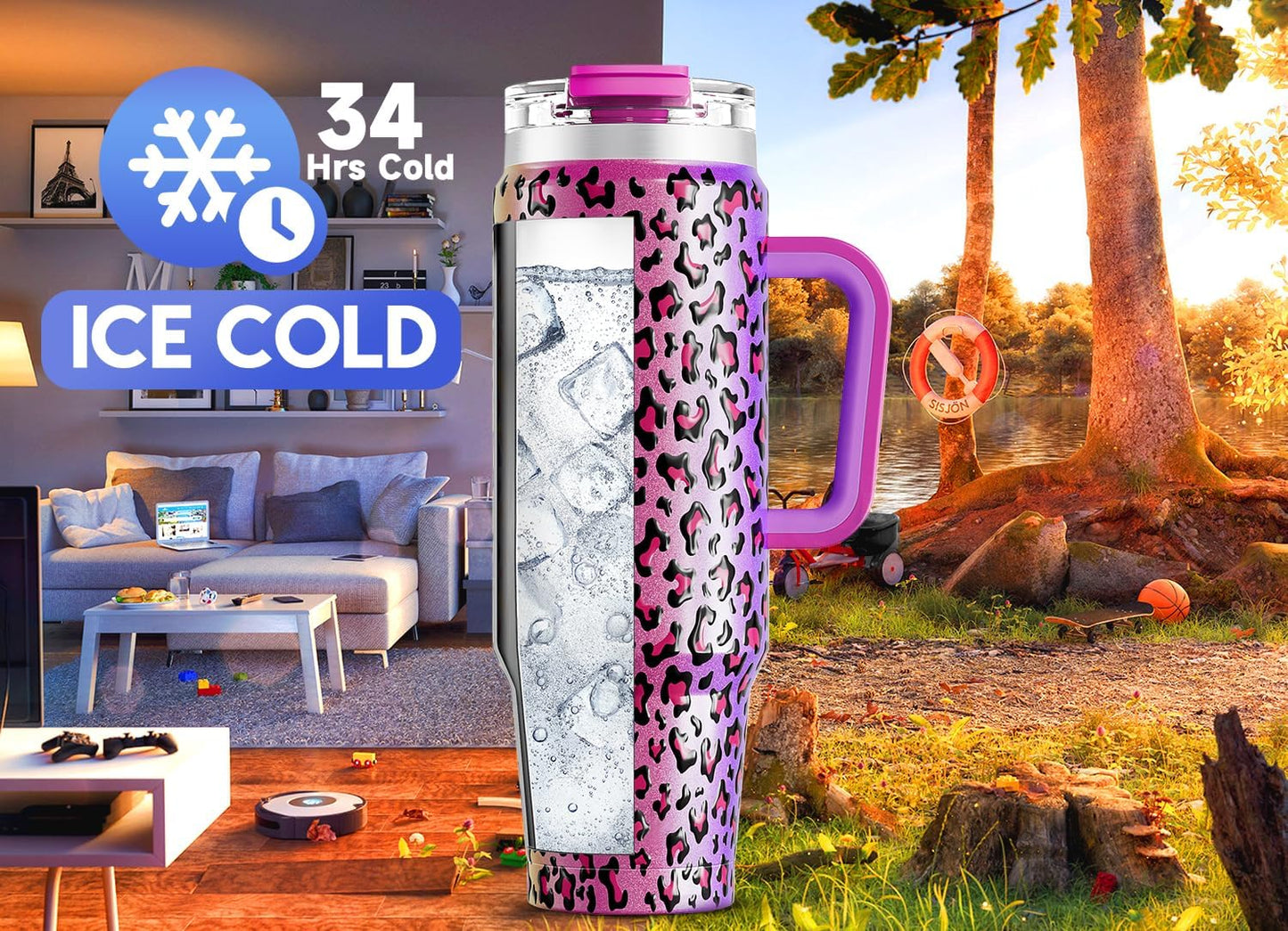 Meoky 32 oz Tumbler with Handle, Insulated Tumbler with Lid and Straw, Stainless Steel Travel Mug, Keeps Cold for 24 Hours, 100% Leak Proof, Fits in Car Cup Holder (Night)