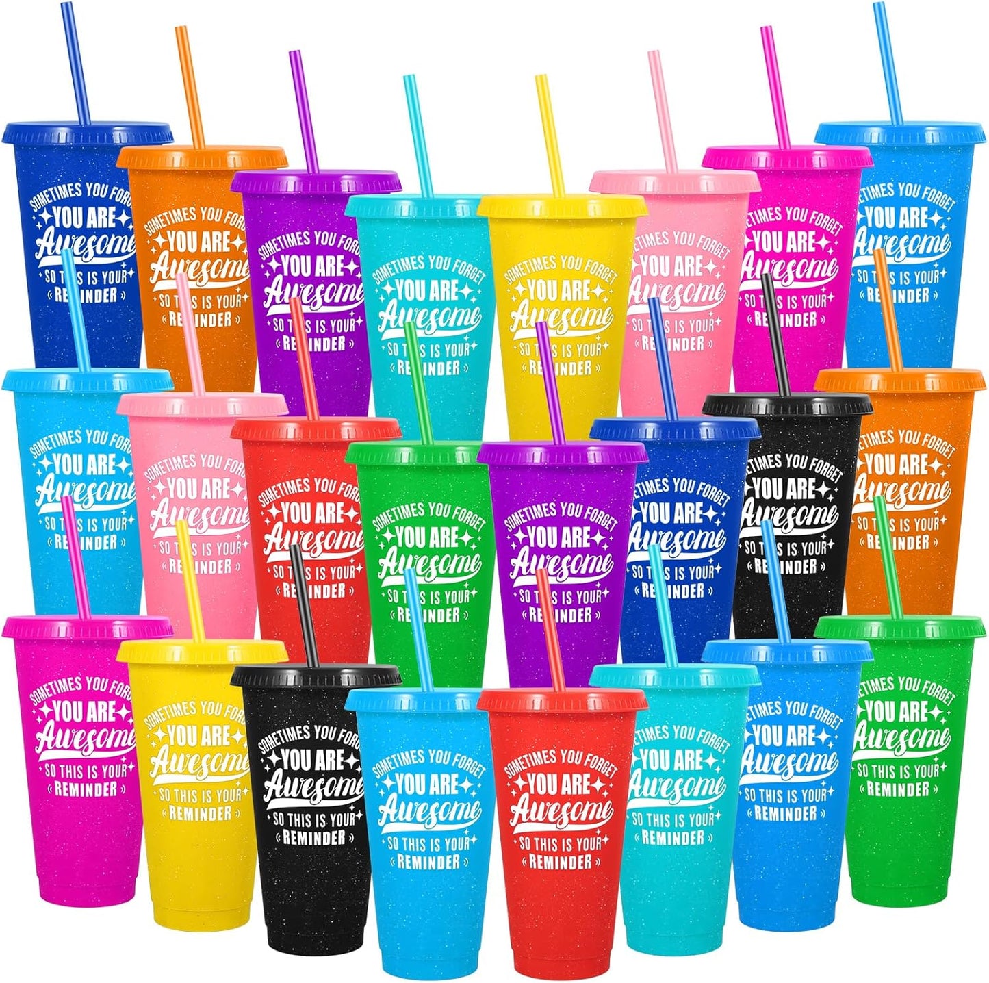 24 Pack Plastic Tumblers with Lids and Straw, Reusable Cups with Lids and Straws Colorful Cups for Cold Drink Iced Coffee, Plastic Tumbler Bulk for Party Birthday Gifts (24 oz, Stylish Colors)
