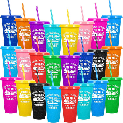 24 Pack Plastic Tumblers with Lids and Straw, Reusable Cups with Lids and Straws Colorful Cups for Cold Drink Iced Coffee, Plastic Tumbler Bulk for Party Birthday Gifts (24 oz, Stylish Colors)