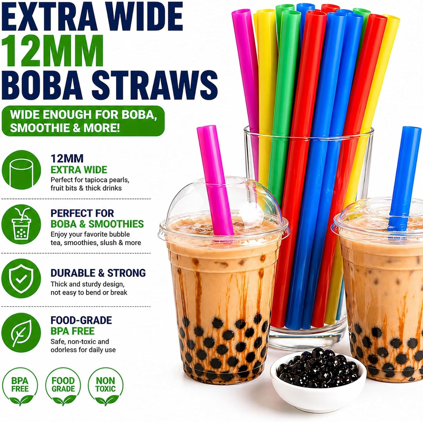 ALINK 100 Extra Large Plastic Bubble Tea Smoothie Straws, 1/2" Wide X 8 1/2" Long Jumbo Boba Straws for Milkshakes, Milk Tea, Slush, Juice, Party
