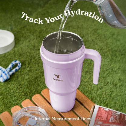 REDUCE 24 oz Stainless Steel Tumbler with Handle - Dual-Wall Vacuum Insulated Travel Mug, Sweat-Proof Lid & Reusable Straw - Keeps Drinks Cold for 24 Hrs, Fits Cupholders, Dishwasher Safe - Lilac Bud