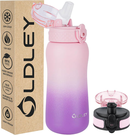 Oldley Insulated Water Bottle 20oz for Adults Kids Stainless Steel Water Bottles with Straw/Chug/Carabiner 3 Lids Fruit Strainer Double Wall Vacuum Wide Mouth BPA Free Leak-Proof for School Travel