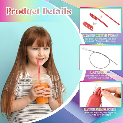 Meanplan 8 Set Cruise Ship Essentials,Silicone Straws with Case Reusable Foldable Portable Drinking Straw for Party Travel Cold or Hot with Carry Case and Cleaning Brushes (Rainbow Colors)
