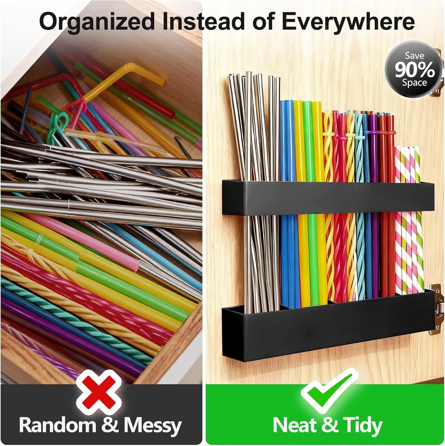9.5” Large Acrylic Straw Holder for Cabinet Door, Reusable Adjustable Two-Part Straws Organizer with Ultra Sticky Adhesive Strips, 2026 Straw Storage for Kitchen Cupboard (Transparent)