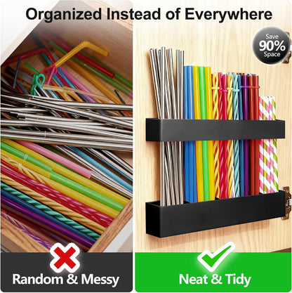 9.5” Large Acrylic Straw Holder for Cabinet Door, Reusable Adjustable Two-Part Straws Organizer with Ultra Sticky Adhesive Strips, 2026 Straw Storage for Kitchen Cupboard (Transparent)