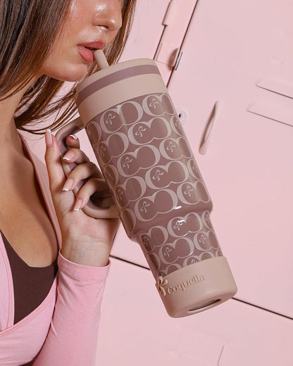 40 oz Insulated Tumbler with Handle and Push-Button Straw Lid, Stainless Steel Travel Cup for Gym Office, Leakproof, BPA-Free, Cup Holder Friendly, Bow Silicone Boot, Purple (Light Lilac)