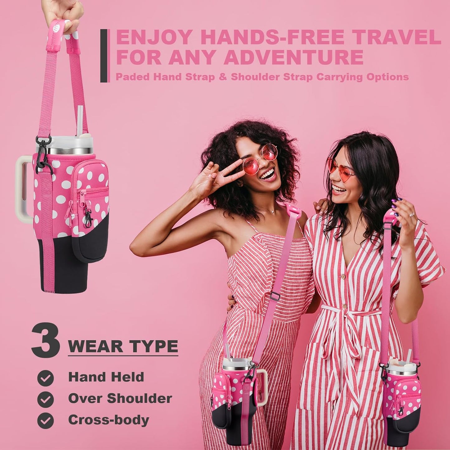 BULKITEM Water Bottle Carrier Bag with Phone Pocket for Stanley 40 & 30 oz Tumbler with Handle,Pink Insulated Neoprene Cup Holder Pouch w/Adjustable Strap for Quencher H2.0 Stanley Cup Accessories