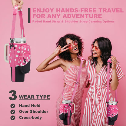 BULKITEM Water Bottle Carrier Bag with Phone Pocket for Stanley 40 & 30 oz Tumbler with Handle,Pink Insulated Neoprene Cup Holder Pouch w/Adjustable Strap for Quencher H2.0 Stanley Cup Accessories