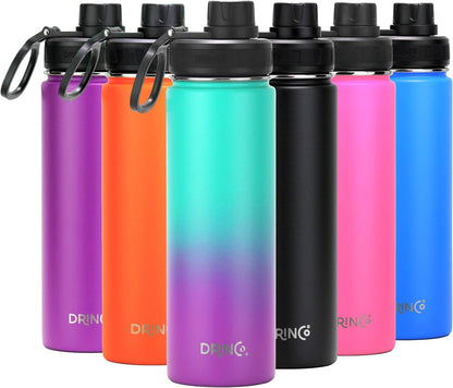 Drinco Stainless Steel Water Bottle Spout Lid Vacuum Insulated Double Wall Water Bottle Wide Mouth (40oz 32oz 22oz 18oz 14oz) Leak Proof Keep Cold Sport Camping Hiking (22 oz, 22oz Black)