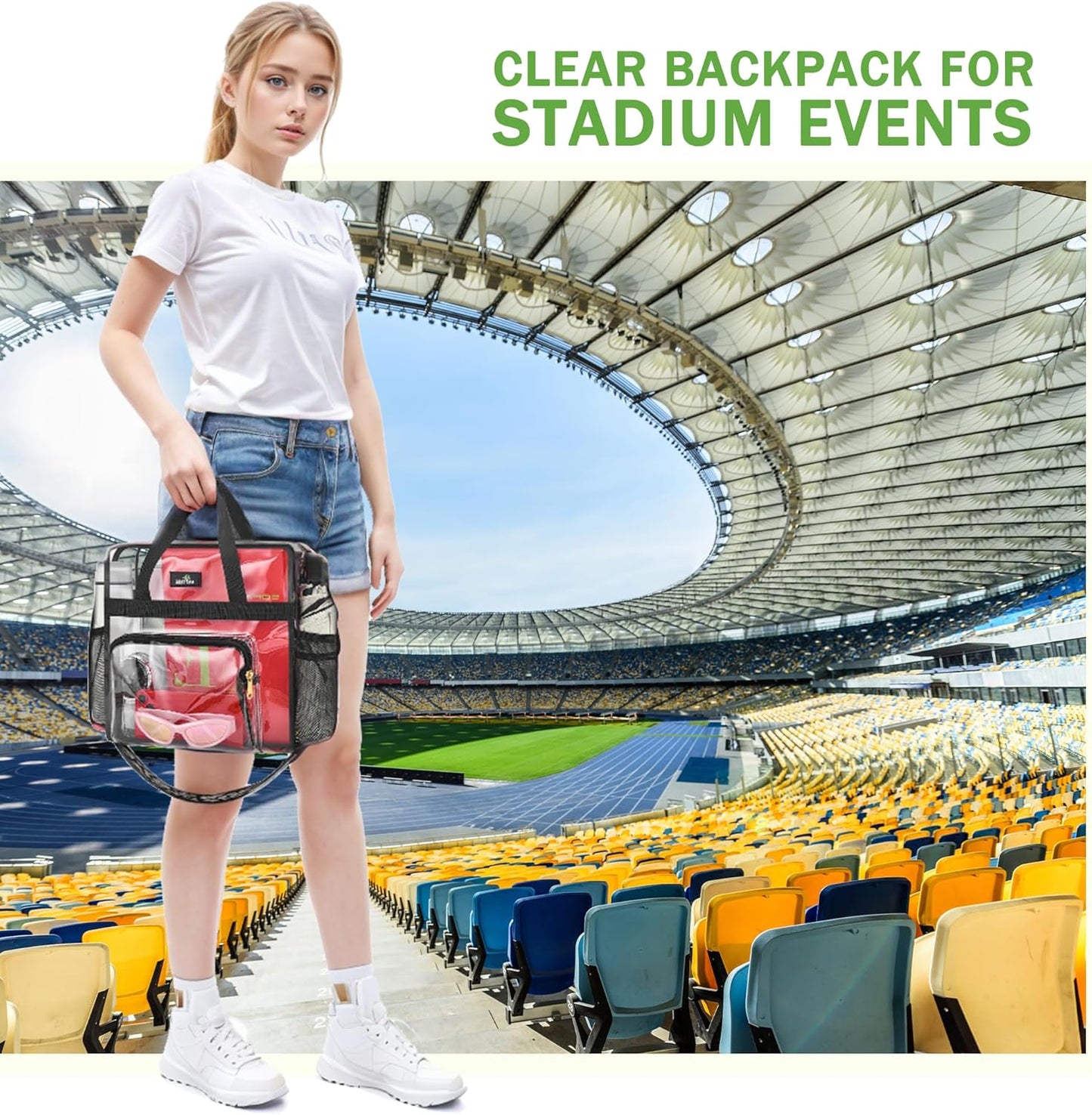 MAY TREE Clear Bag for Stadium Events, 12×5.5×12 Clear Tote Lunch Bag with Non-detachable Reinforced Straps for Work, Sporting Events and Gym, Black