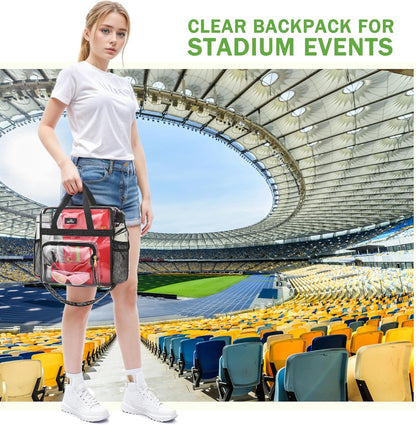 MAY TREE Clear Bag for Stadium Events, 12×5.5×12 Clear Tote Lunch Bag with Non-detachable Reinforced Straps for Work, Sporting Events and Gym, Black