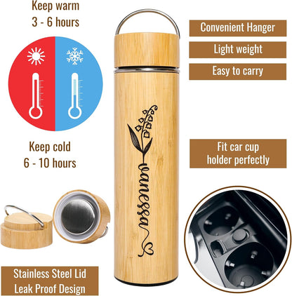 Bamboo Water Bottle Insulated Tea Tumbler for Men Birthday Gift, Women Travel Tea Set with Diffuser for Loose Tea Leaves, Stainless Steel Leak Proof Gift for Mom (15 oz)