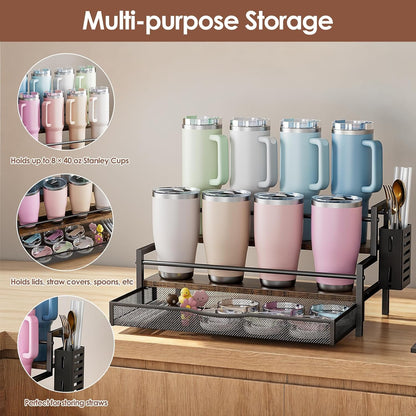 Water Bottle Organizer for Full Stanley 40 oz Tumbler with Handle, 2 Tier Tumbler Organizer for 8 Cups, Kitchen Pantry Organizers and Storage for Owala Stanley Cup Accessories, Brown