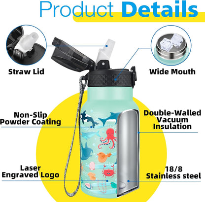Han's Bottle Sports Water Bottle - 24 Oz, Straw Lid, Leak Proof, Vacuum Insulated Stainless Steel, Double Walled, Thermo Mug,Black
